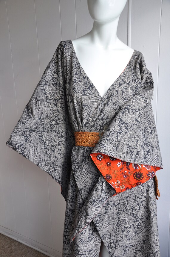 60s 70s Reversible Handmade Kimono, XS, Burnt Oran