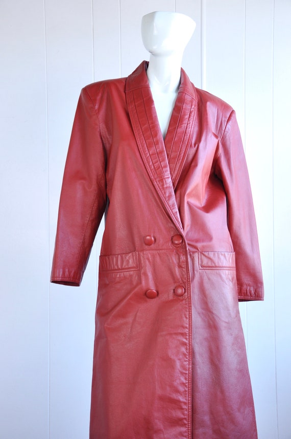 80s Lipstick Red Leather Trench Coat, Size Small,… - image 3