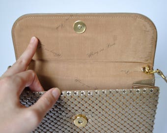 Whiting and Davis Purse Brown/Tan/Taupe Metal Mesh Clutch Purse with Leather Strap / 1950s/1960s