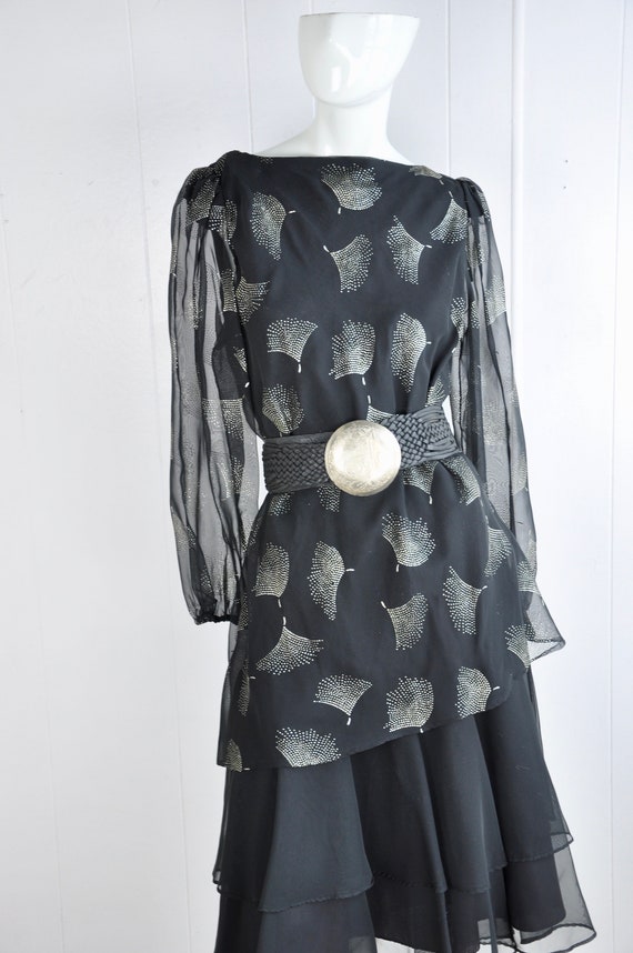 70s 30s Goth Noir Black and Gold Sheer Sleeve Dre… - image 2