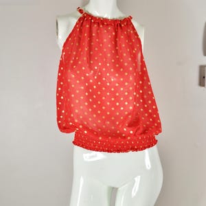 Polka Dot Halter Top w/ Chain and Tie Closure, Red Gold Halter Top, Size XS/S