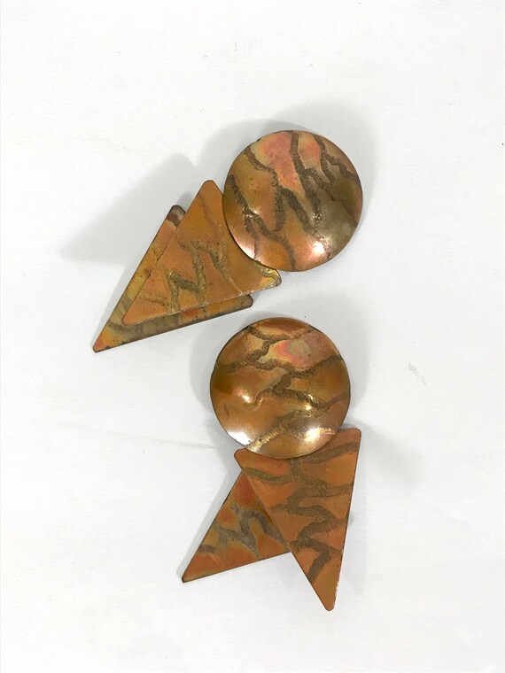 80s Copper Bronze Circle Triangles Statement Earr… - image 2