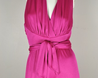 1960s Hot Pink Genie Jumpsuit w/ Tie Belt, Deep V Neck