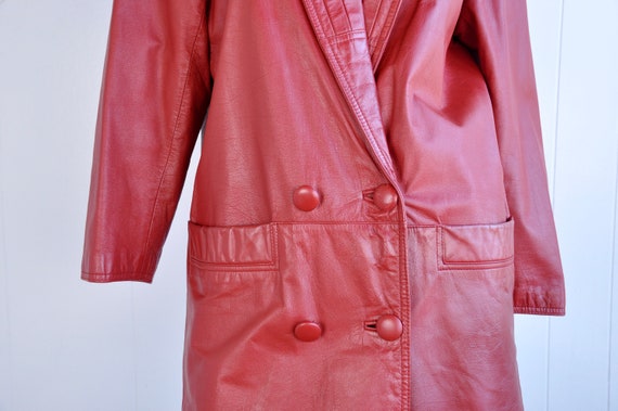 80s Lipstick Red Leather Trench Coat, Size Small,… - image 6