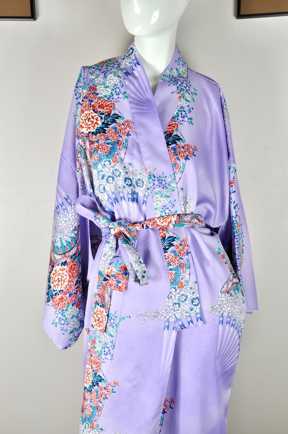 十二単風　フラワー Vintage Floral Kimono, 70s 80s Purple Floral Fan Design