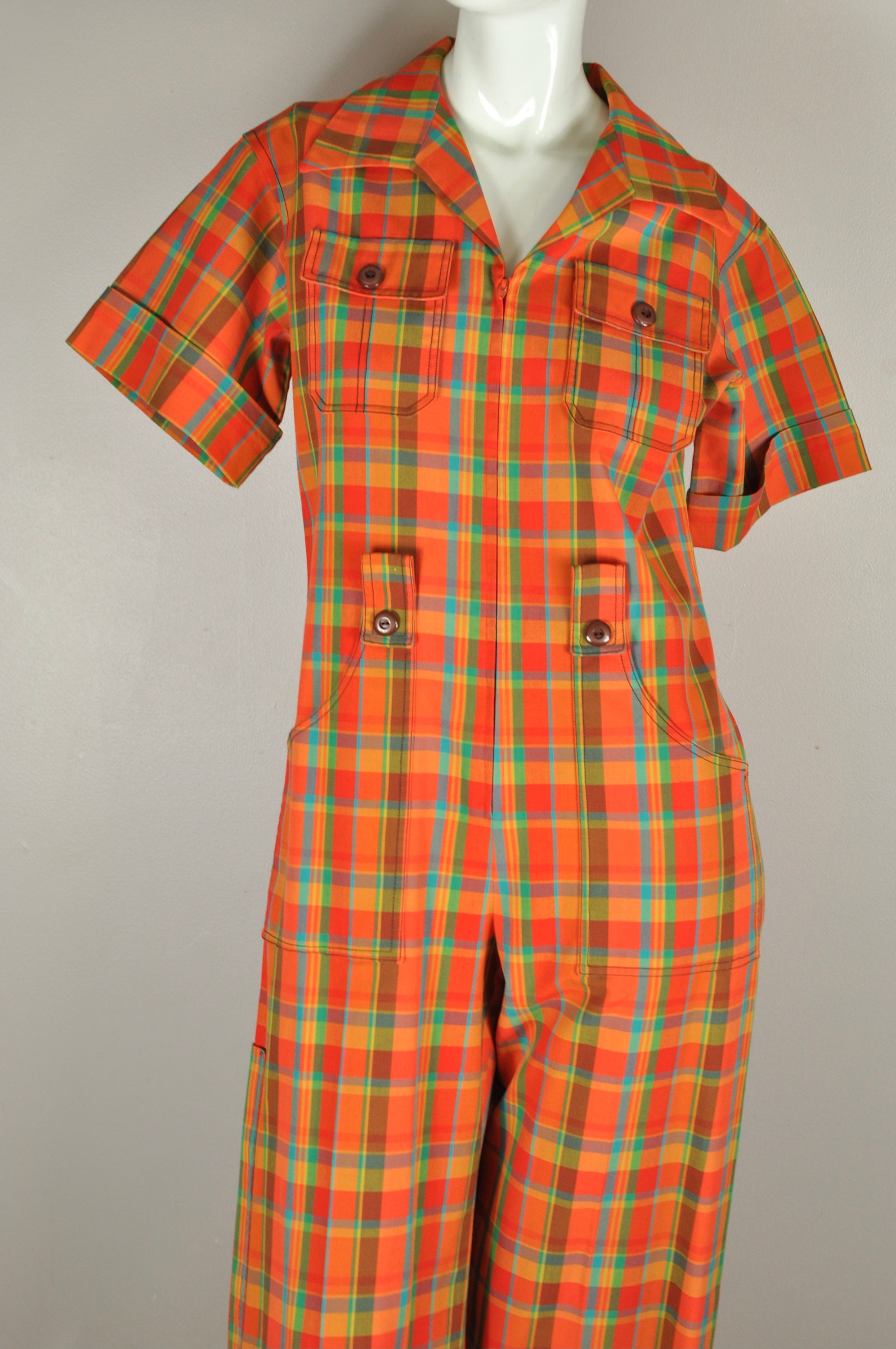 Orange plaid jumpsuit on sale