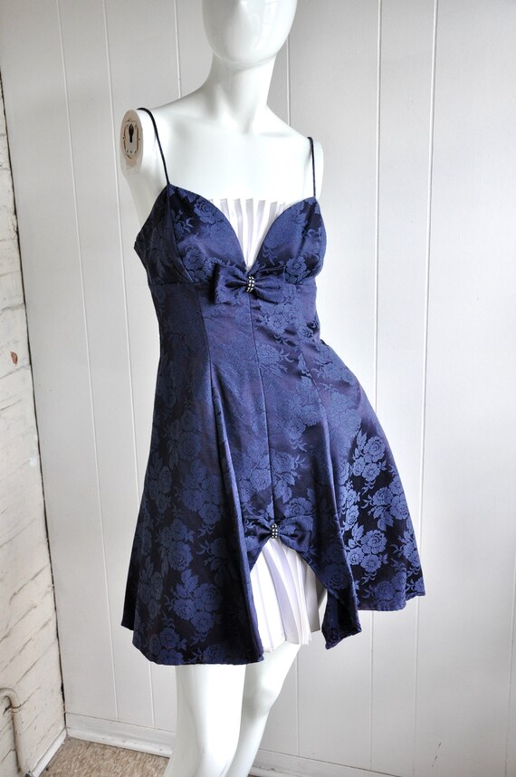 80s Navy Blue Cocktail Dress w/ Satin Fan Bust, Rh