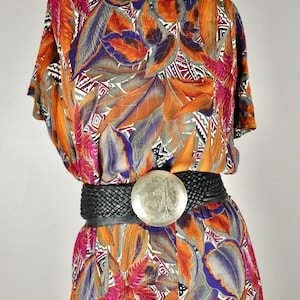 90er Herbstkleid Rayon, Phoebe, Herbstblätter, Gold Orange Rot, Sekretär Pinup 60er 50er Stil