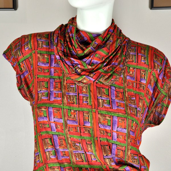 80s Abstract Geometric Red Multicolor Rayon Pleated Skirt and Turtleneck Blouse Set, Size S/8, Platinum by Dorothy Schoelen