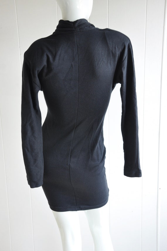 80s Black Cotton Mini Dress w/ Shoulder Pads, In … - image 4