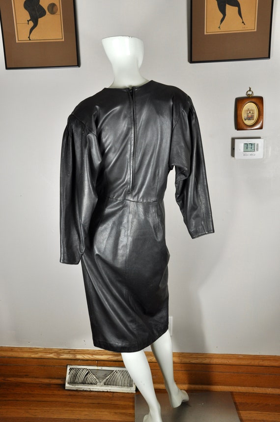 80s 90s Black Leather Flower Appliqué Dress w/ Si… - image 8