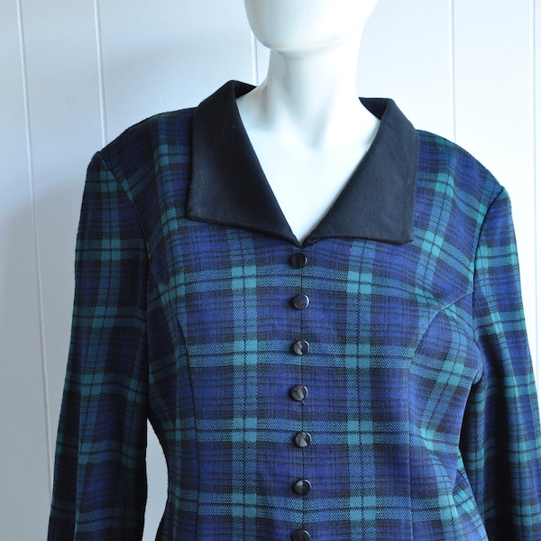 Size 14 80s 60s Blue Green Plaid Dress, Babydoll Schoolgirl, Christmas Holiday Dress, Made in USA, Cyberpunk Club Kid Goth Grunge Punk Moto