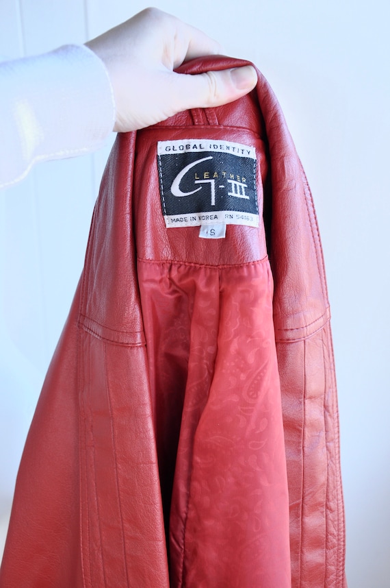 80s Lipstick Red Leather Trench Coat, Size Small,… - image 7
