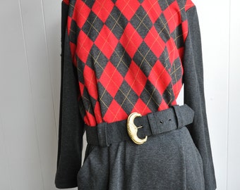 AS IS 80s Red Argyle Dress w/ Belt & Pockets, Positive Attitude, Size 14 M/L, Rockabilly, Pinup, 60s 70s 40s 50s, Secretary Dress, Gray Red