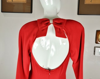 80s Red Keyhole Cocktail Dress: Rhinestone Bowtie, Size 6