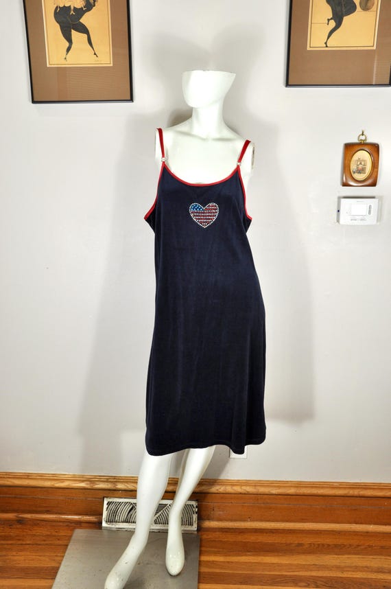 spaghetti straps t shirt under dress 90s Velour Strap Dress: Rhinestone Heart, Patriotic USA Skater Style 90s dress with shirt