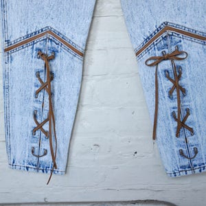 90s Lace-up Western Jeans w/ Leather Lace-up Tie, Acid Wash, Wide-leg Balloon Pants Urban Streetwear MC Hammer Hip Hop R&B Vintage Stonewash