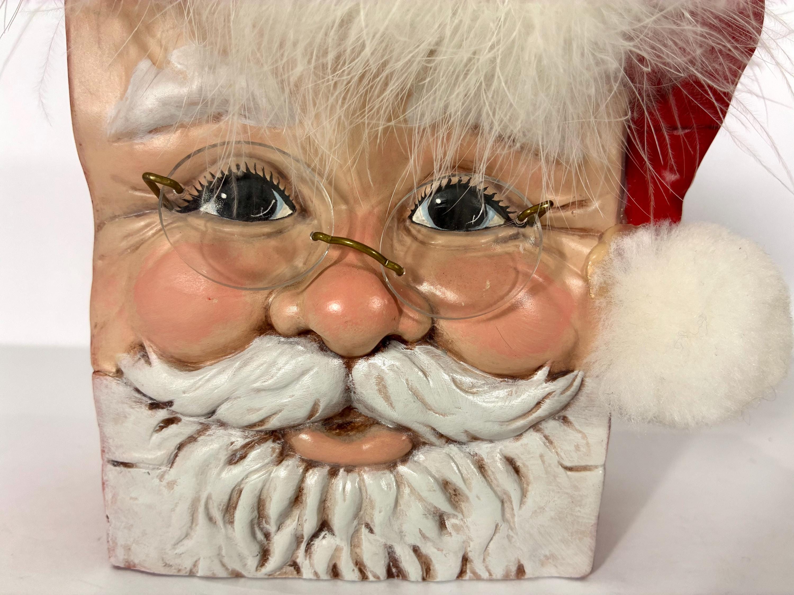 90s Ceramic Santa Claus W/ Glasses Hand-painted Basket, Signed