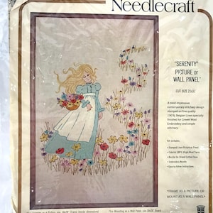 70s Prairie Girl w/ Flowers &quot;Serenity&quot; 8522 Crewel Embroidery Stitch Kit, RARE, Bucilla Creative Needlecraft
