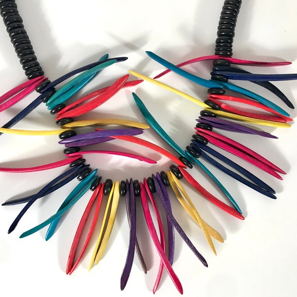 80s Black Rainbow Wood Spike Necklace, Pop Art Wearable Art Punk Hiphop Streetwear Multicolor Color Splash