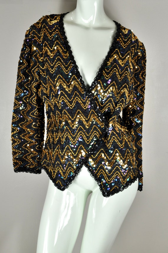 70s 80s Black Gold Disco Sequin Soutache Blazer Ja