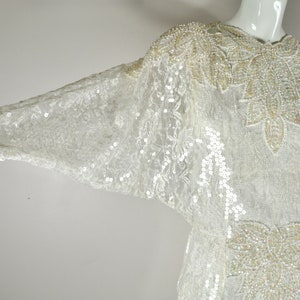 80s 20s Demetrios Beaded Sequin Flapper-style Wedding Dress w/ Batwing Lace Sleeves, Size S/M, Vintage Bride