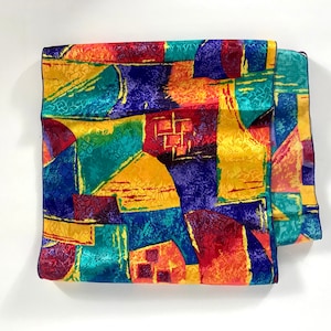 80s Bold Multicolor Abstract Oblong Scarf, Mademoiselle, Made in USA, Deadstock, Color Block Neck Scarf Head Scarf