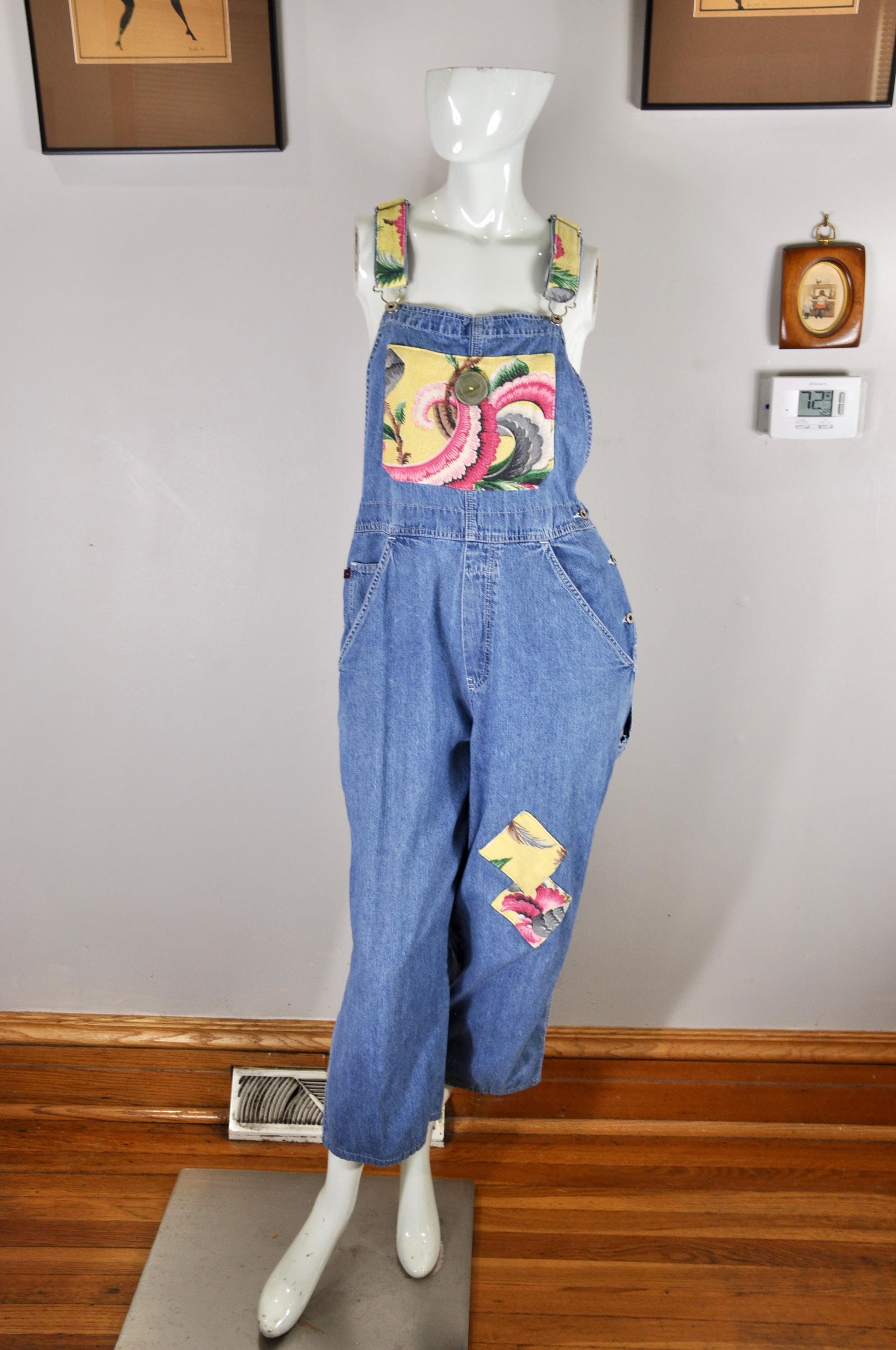 Patchwork Denim Overalls, Size L, Cottagecore Floral Patchwork, Vintage Old Navy