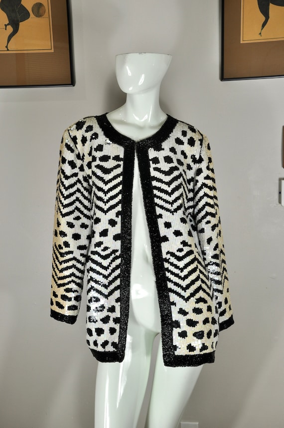 80s Black and White Sequin Jacket, Animal Spots a… - image 2