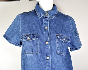 90s Faded Glory Denim Short-Sleeved Polo Maxi Dress, Size M, Made in United Emirates, Boho Hippie Minimalist Woodstock