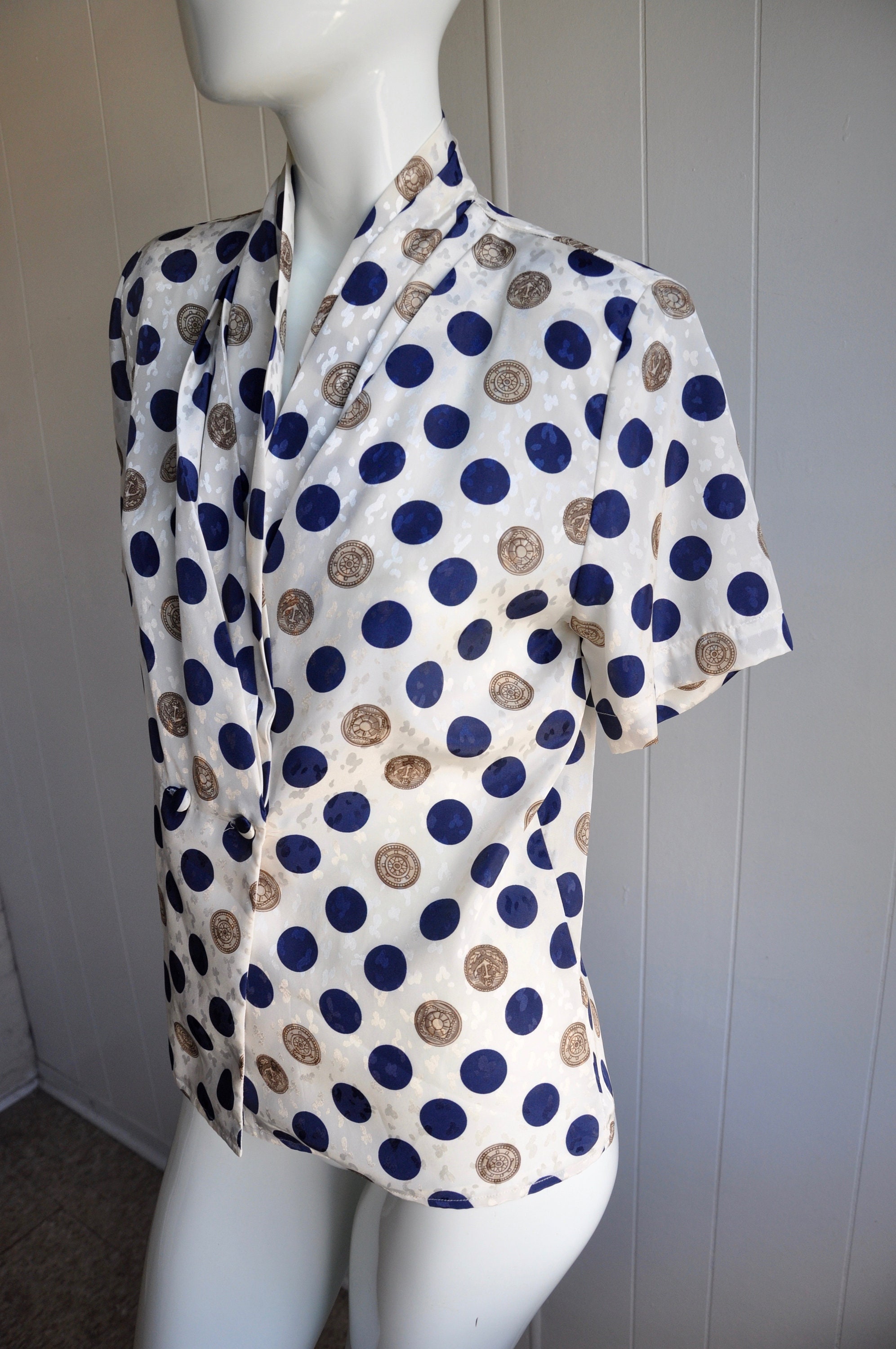 80s Polka Dot Blouse Nautical Navy Blue and Gold W/ Anchors - Etsy