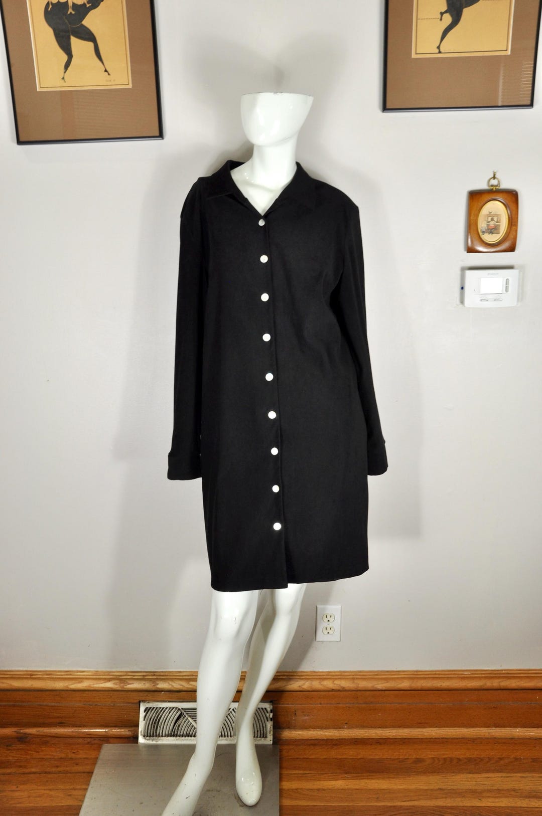 80s Black Microsuede Shirt Dress: Vintage Button-Down, USA Made 80s Black Microsuede Shirt Dress: Vintage Button-Down, USA Made