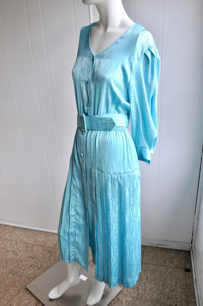 80s Cyan Aqua Blue Dress, Shimmery Mermaid, Melissa Lane, Size 8, 1940s 50s 60s Feminine Light Powder Blue, Dita von Teese Pinup Rockabilly image 4