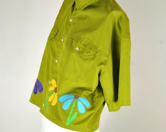 80s Patchwork Men's Reworked Crop Top w/ Floral Applique, Size L, Main Street