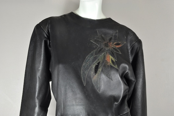 80s 90s Black Leather Flower Appliqué Dress w/ Si… - image 1