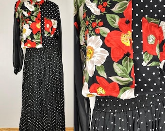 90-tals set med prickiga blommiga kjolar och transparenta organzaärmar, storlek M
