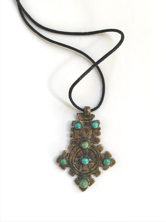 80s 90s Turquoise Stone Medallion Necklace, Irish 