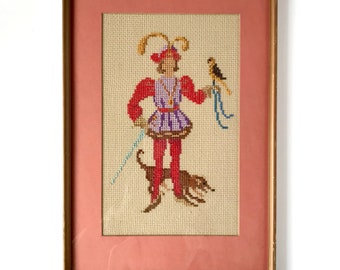 80s Renaissance Prince Cross Stitch Art, King w/ Dog & Exotic Bird, Framed, Complete, 15 x 10, Wedding Gift, Groom Vintage Wedding