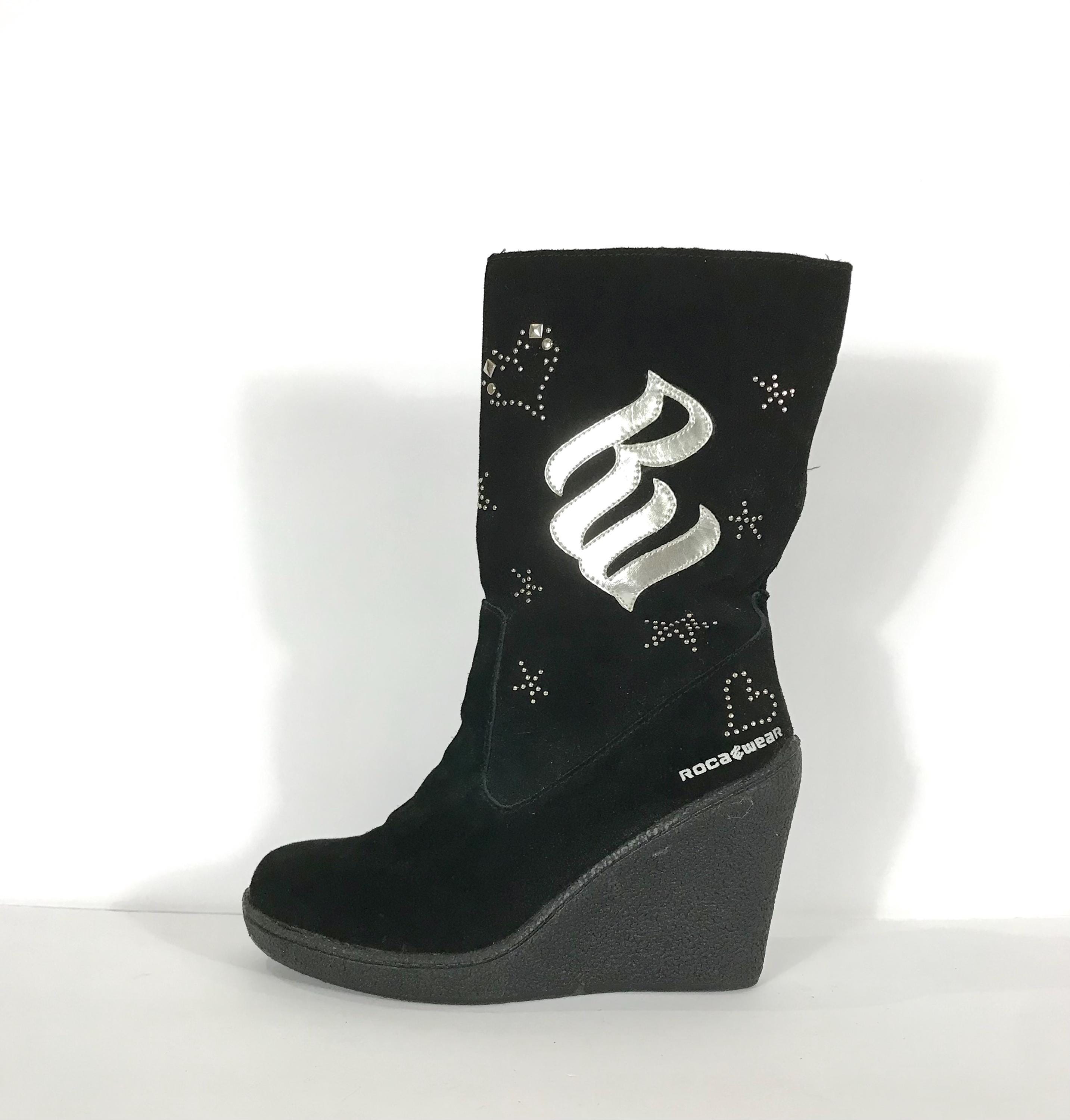 Y2K Rocawear Moto Boots: Black & Silver Appliqué, Size 9 - Etsy display picture 1