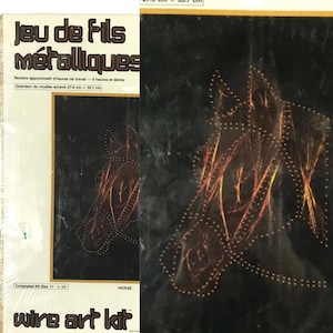 May include: A rectangular wire art kit box featuring a horse design. The packaging displays the text Jeu de Fils métalliques and wire art kit, with a completed kit size of 11 inches by 14 inches and an approximate completion time of 4 hours.