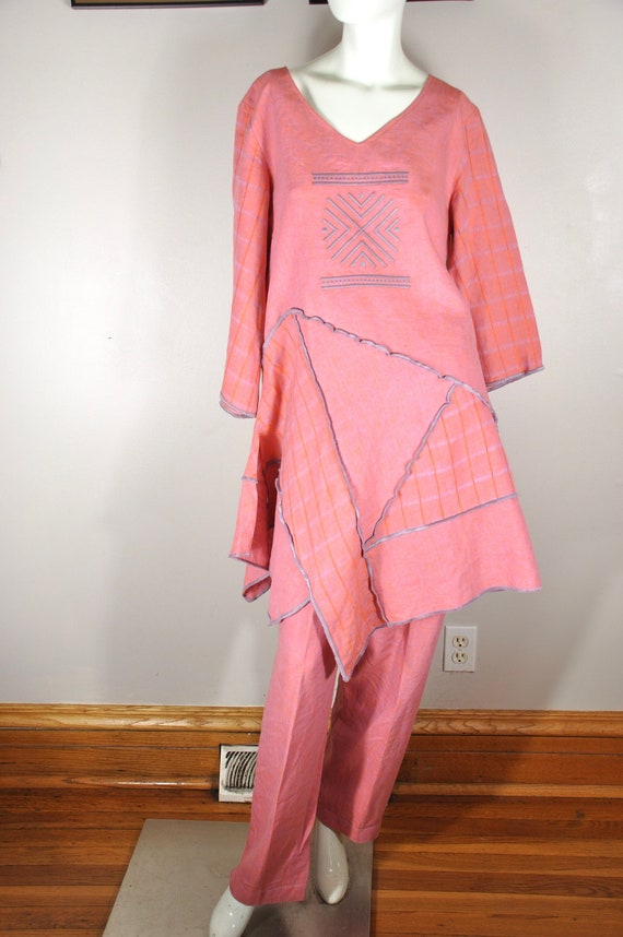 90s Salmon Pink Patchwork Embroidered Asymmetrical