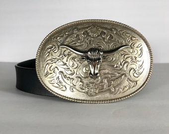 90s Bolo Ram's Head Black Leather Belt, Size Large, Large Belt Buckle, South American Cowboy Cowgirl Western Accessory Bullfighter