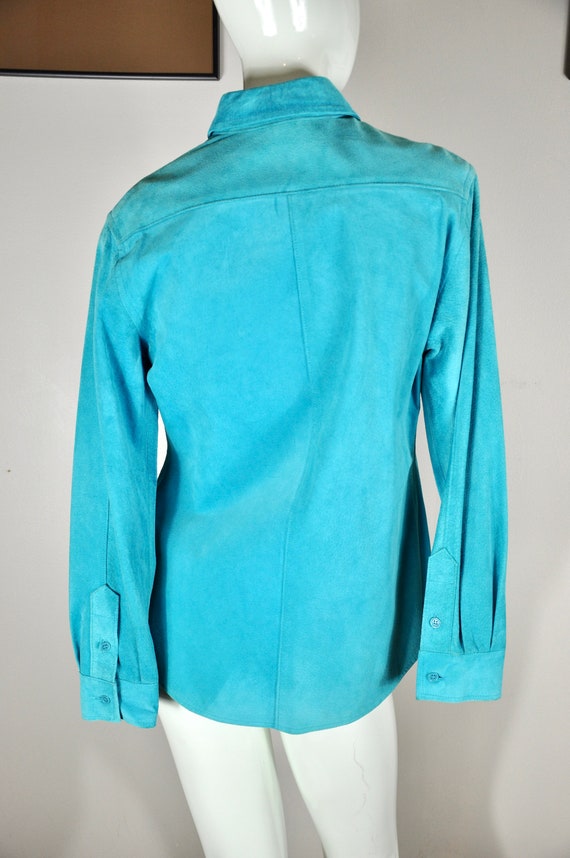 Y2K Sky Blue Turquoise Suede Button-up Blouse, Go… - image 5