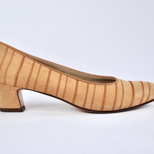 70s Ferragamo Beige Safari Striped Leather Slides Heels, Size 9.5N (Runs Small), Italian Leather Shoes, Luxury Designer, Minimalist Preppy