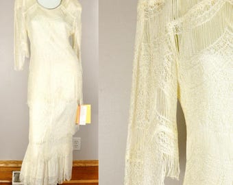 80s Antique Fishnet Lace Skirt and Top, Fringe Tiered Wedding Suit, NWT, Damianou Size S