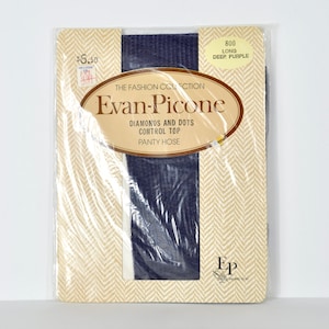 90s Evan Picone Long Deep Purple Diamonds and Dots Control Top Pantyhose Tights, Size Long, Deadstock