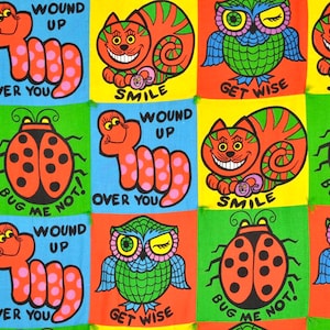Vintage Owl Cat Quilt, 60s 70s Hippie Colorful Parrot Back, Boho Home Decor, 47x70 Inches