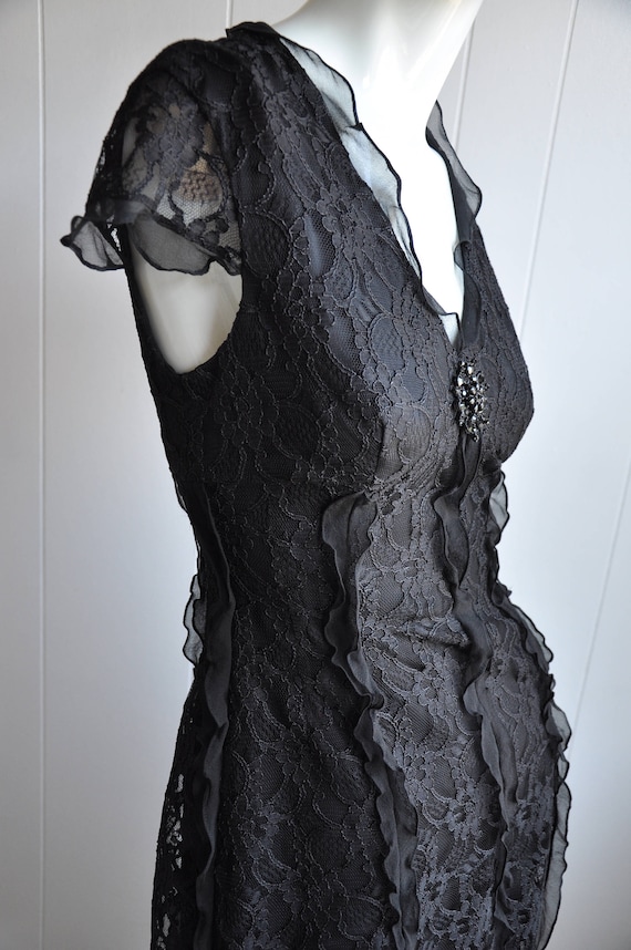 Black Silk Lace Gothic Dress w/ Black Gem Brooch &