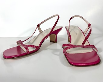 90s Hot Pink Leather Square Toe Strappy Sandals, Caslon, Size 8M, Barbie Feminine Babydoll Ditsy