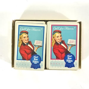 Naipes Pabst Blue Ribbon de la década de 1950, baraja doble, distribuidores de cerveza de Illinois, falta una carta.